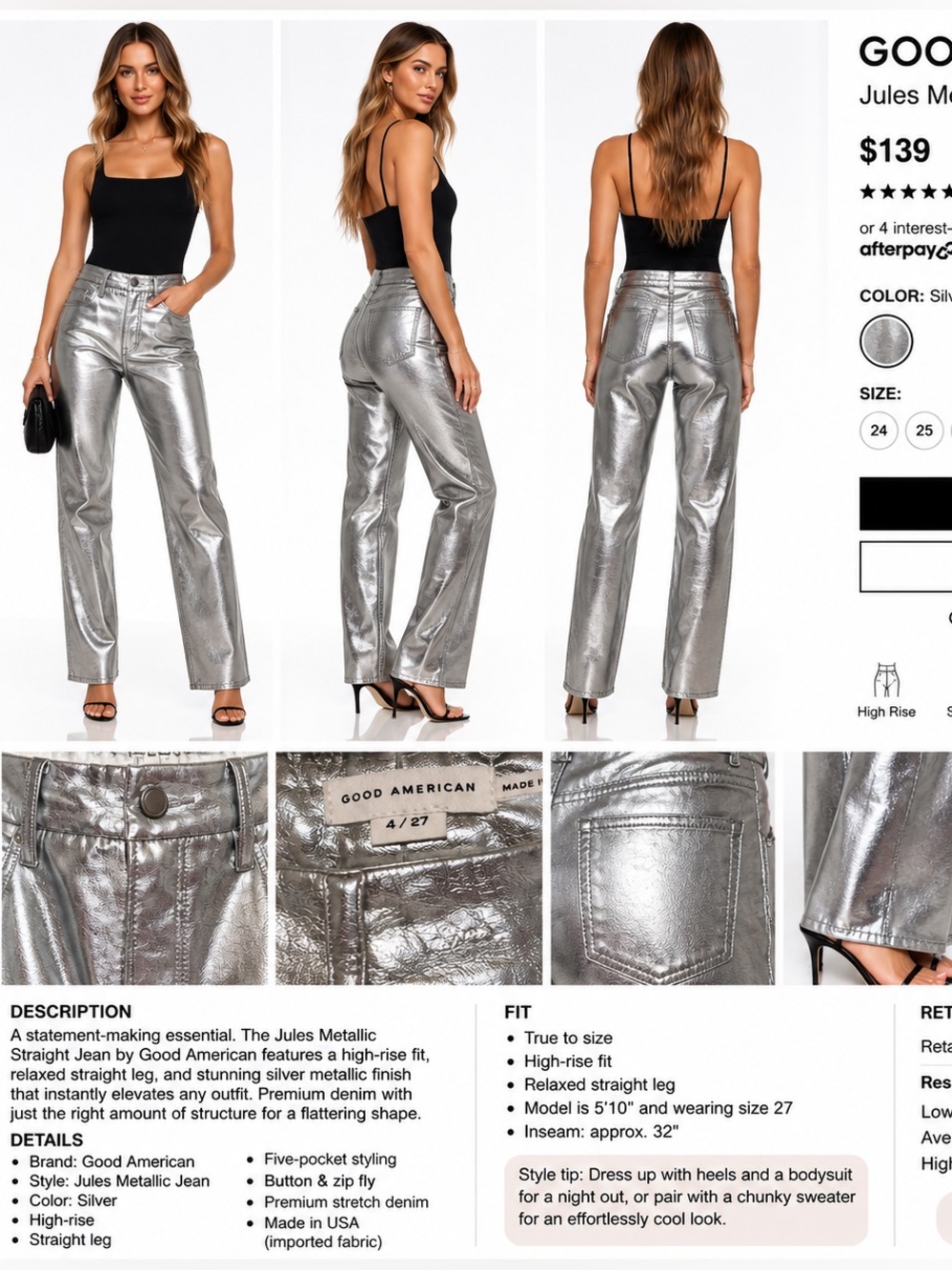 Good American  Metallic Straight Leg Jeans - Silver